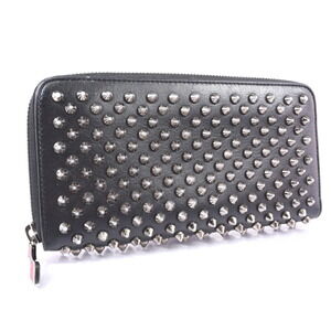 Christian Louboutin Zip Around Long Wallet Spikes Studs Leather Silver